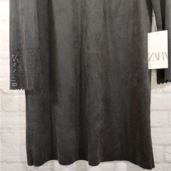 O Zara Womens Black Faux Suede Laser Cute Long Sleeve Mini Dress NWT Size S - Picture 10 of 13